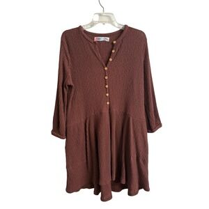 Free People FP Beach Chocolate Brown Ribbed Henley Swing Tunic Dress XS Boho